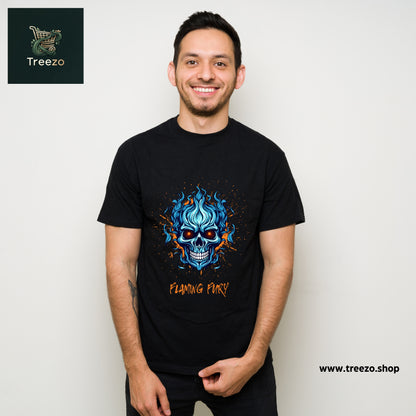 Flaming Fury Skull Graphic T-Shirt – 100% Cotton Streetwear for Men