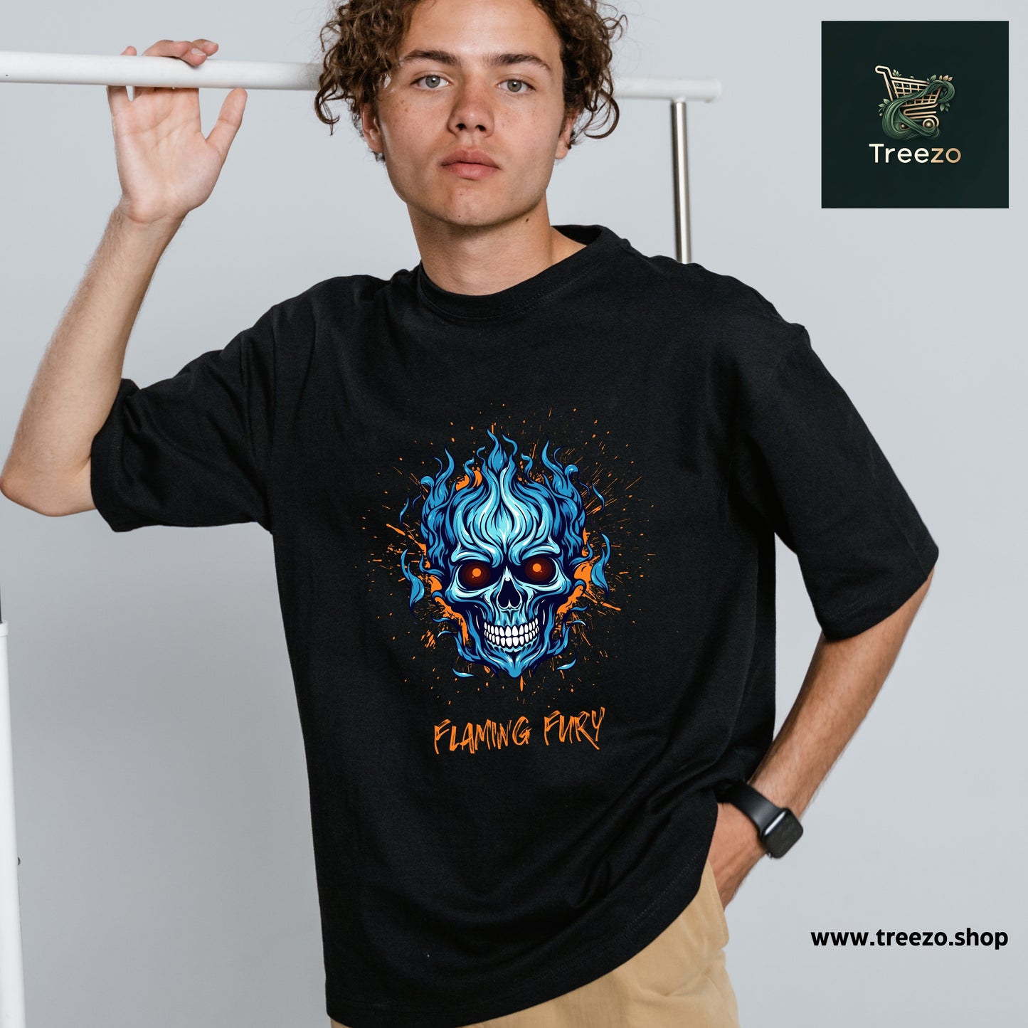 Flaming Fury Skull Graphic T-Shirt – 100% Cotton Streetwear for Men