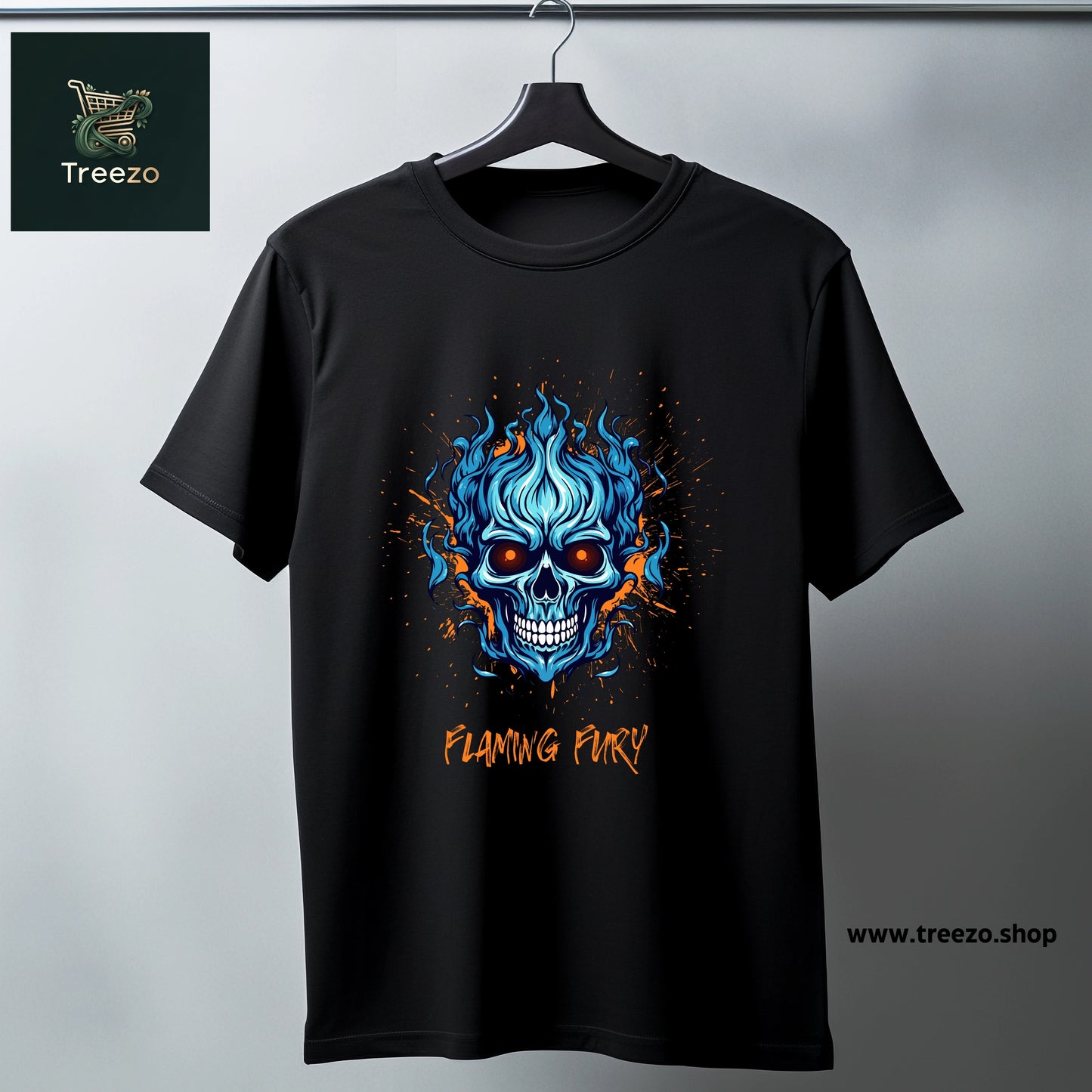 Flaming Fury Skull Graphic T-Shirt – 100% Cotton Streetwear for Men