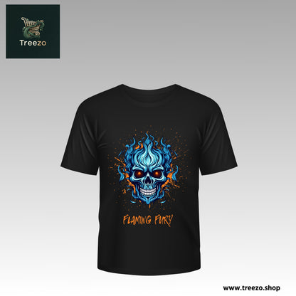 Flaming Fury Skull Graphic T-Shirt – 100% Cotton Streetwear for Men